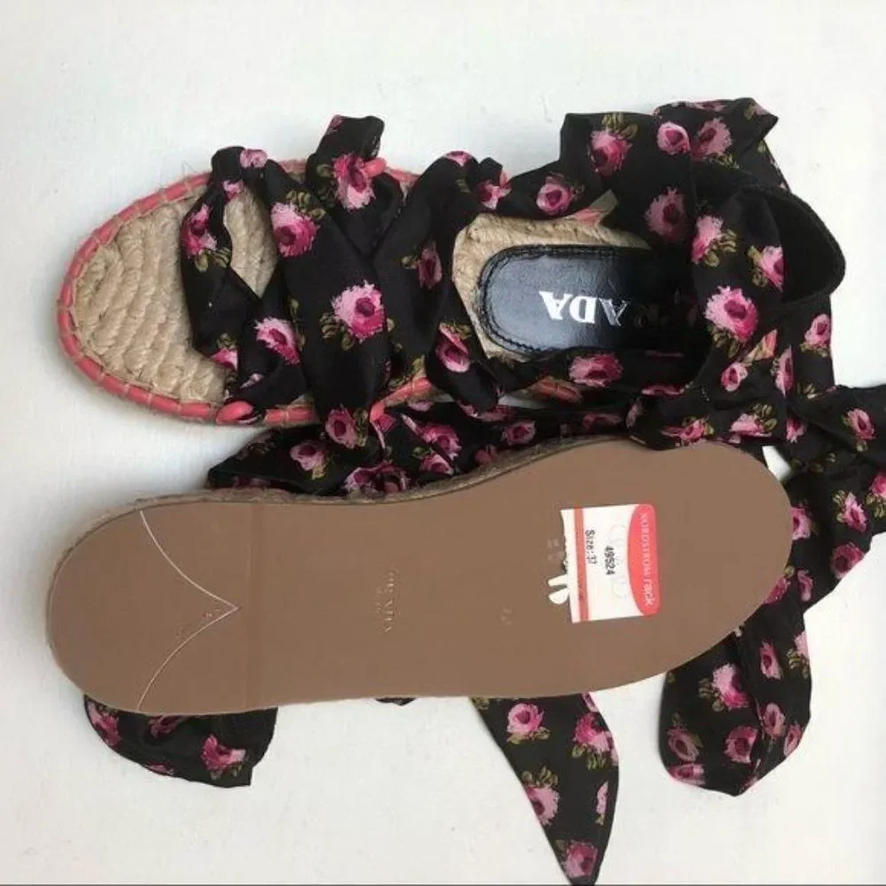 Prada Rose-Print Wraparound Platform Espadrille Sandals EU 37